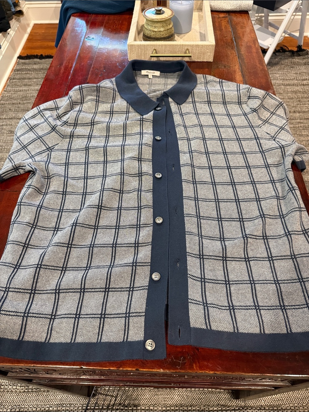 Madewell Navy and Gray Checked Button-Up Sweater
